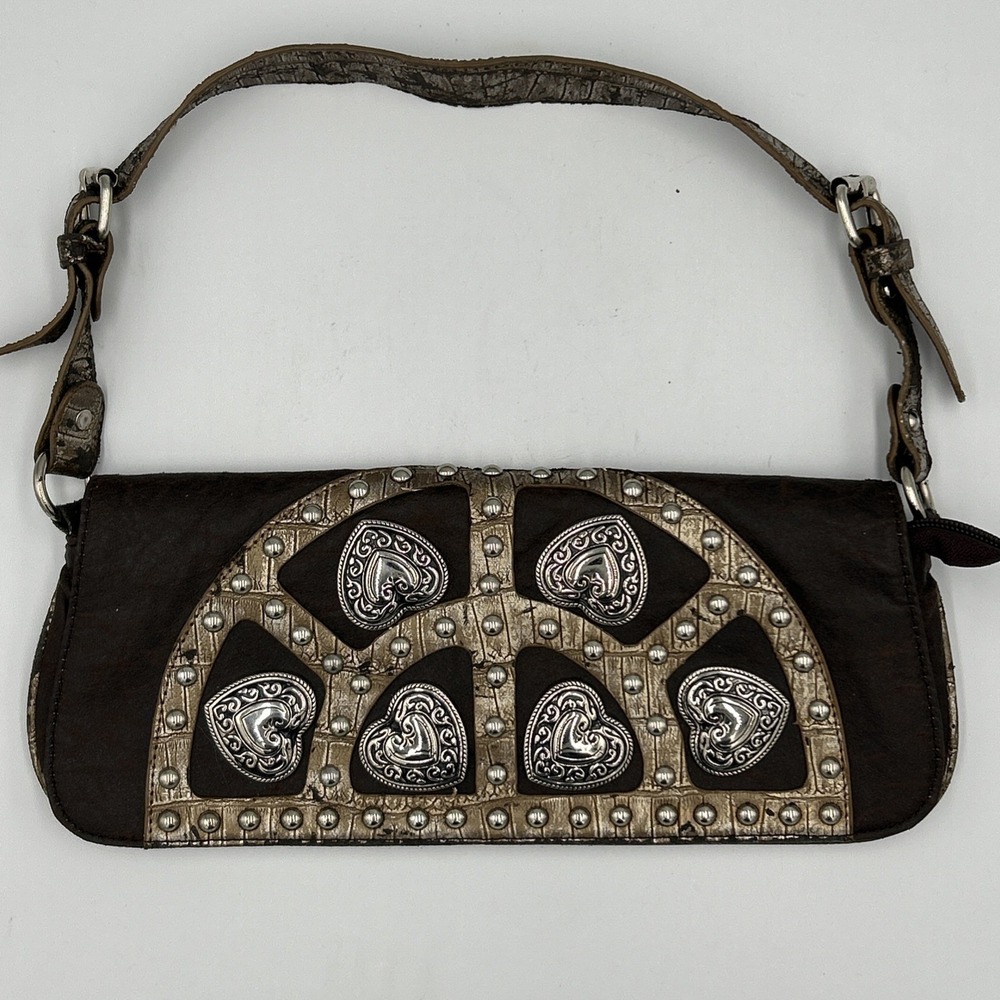 Gabaangs Y2K Silver Heart Metal Studs Distressed Western Handbag Purse Envelope